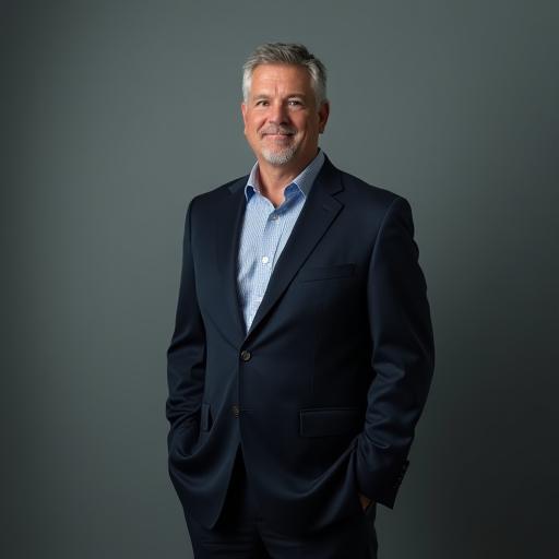 Executive standing confidently for a corporate headshot