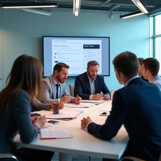 Professional photograph of a business team collaborating in a meeting room