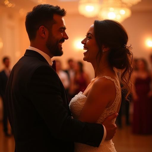 Joyful couple laughing during wedding dance