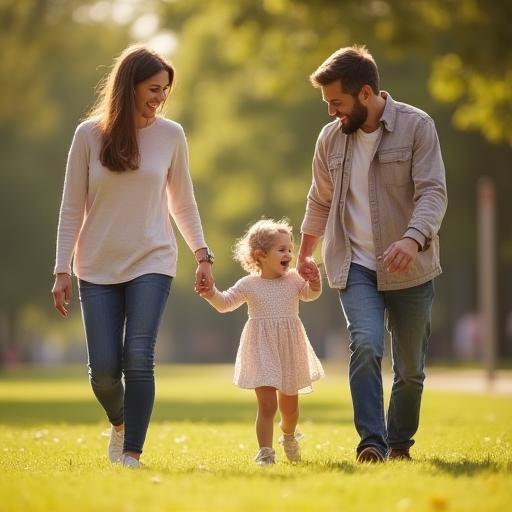 Smiling family walking together in a park